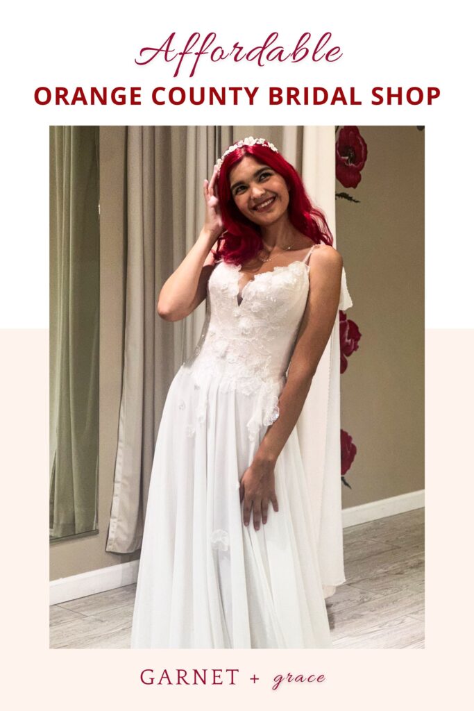 petite bride wearing off the rack wedding dress in affordable orange county bridal shop