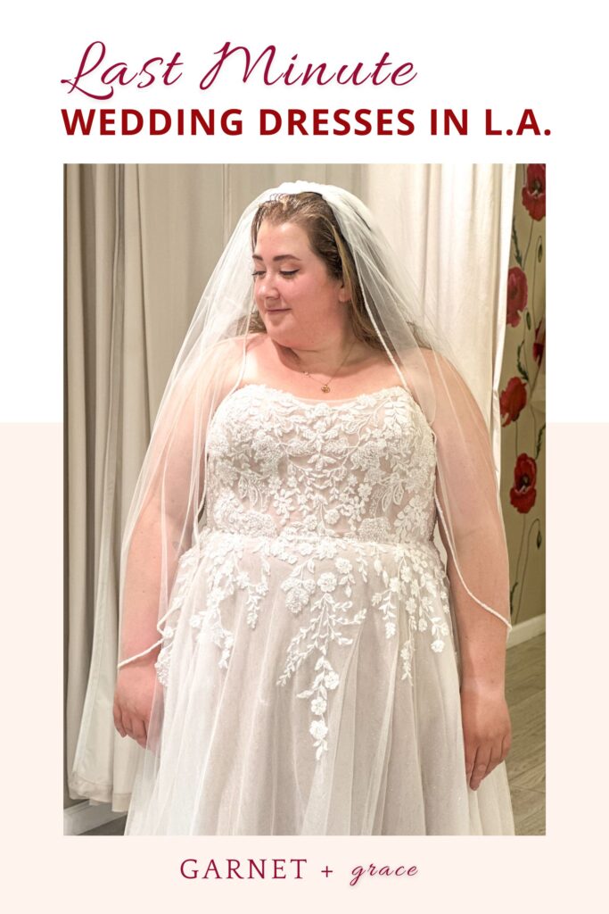 woman wearing off the rack plus size wedding dress in los angeles california bridal shop