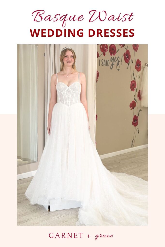 basque waist ballgown wedding dress in whittier california bridal store