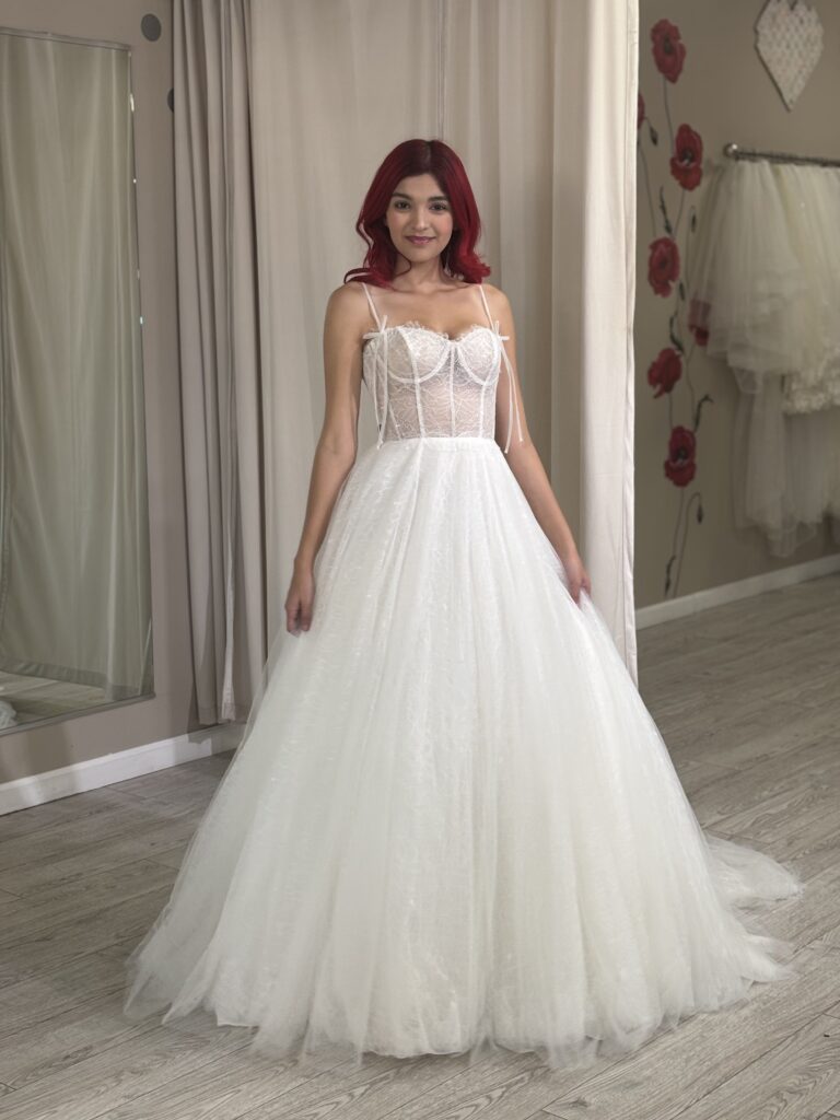 beautiful beaded bodice tulle ballgown cream wedding dress whittier california bridal store