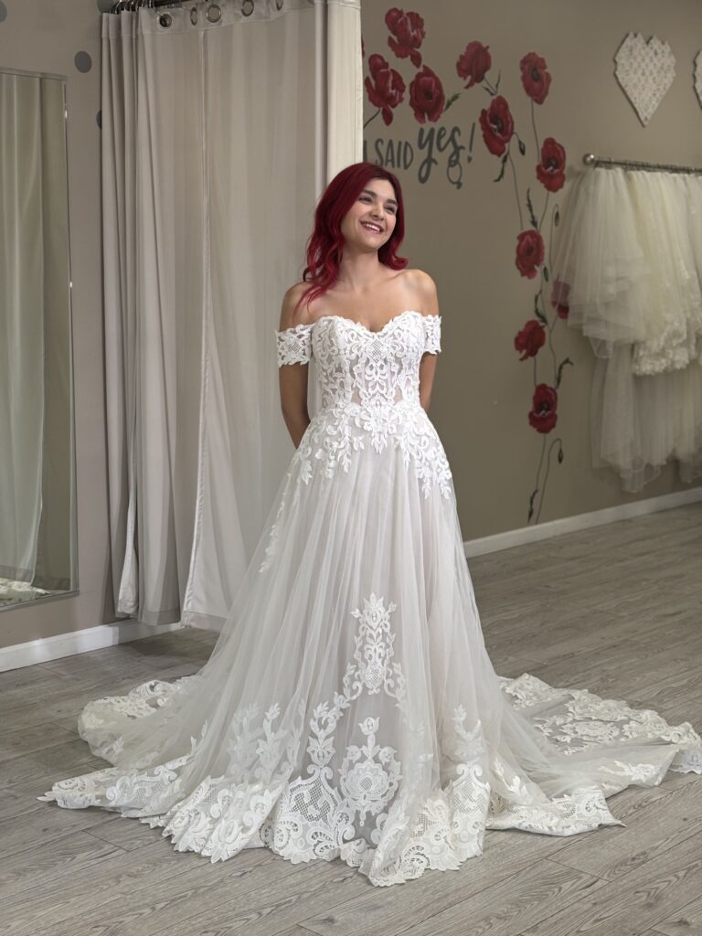 beautiful lace and tulle cream wedding dress whittier california bridal store