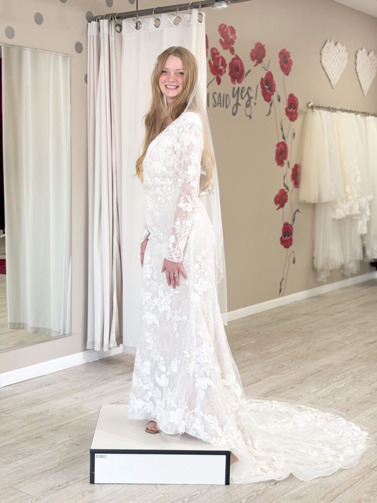 long sleeve wedding dress with chantilly lace in whittier california off the rack bridal store