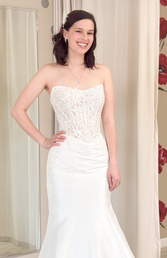 basque waist lace and crepe sheath wedding dress in whittier california bridal store