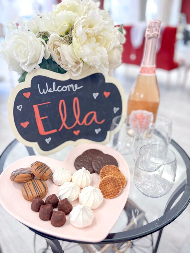 tray of treats and champagne during wedding dress shopping appointment