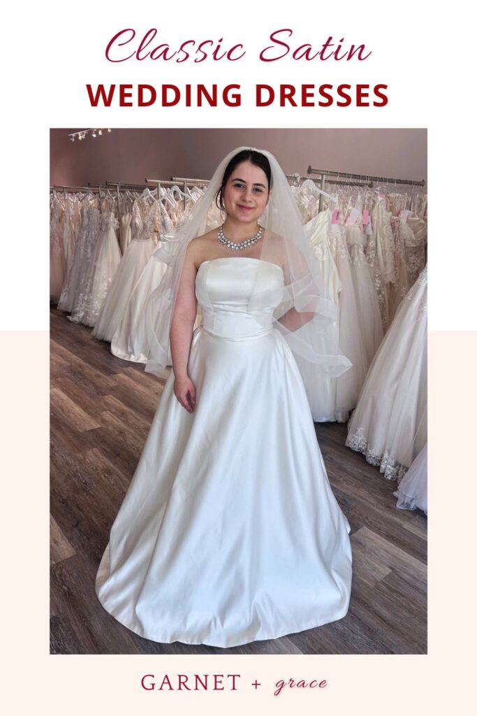 short bride wearing satin aline wedding dress