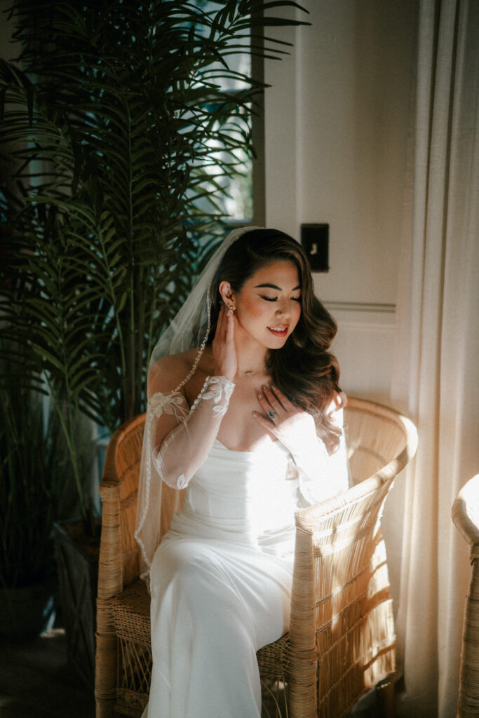 off the rack wedding dress bride wearing veil