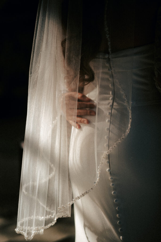 bride wearing wedding dress veil