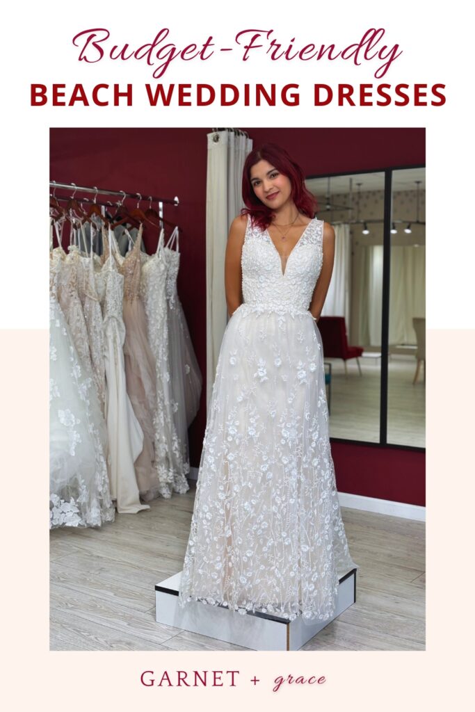 bride wearing off the rack budget friendly vneck beach wedding dress in los angeles area bridal shop