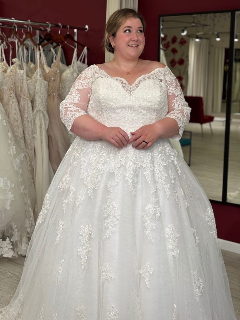 long sleeve inexpensive modest plus size wedding dress in whittier california bridal shop
