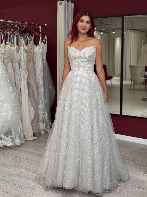 glittery nontraditional wedding dress in los angeles bridal store