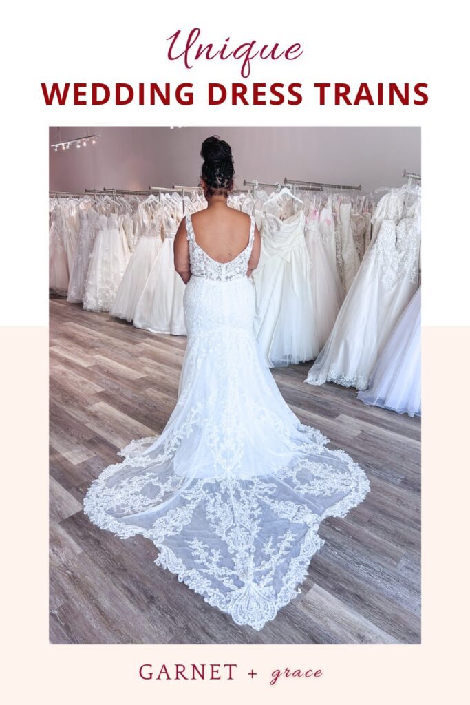 unique wedding dress train in off the rack wedding dress store in east bay near san francisco