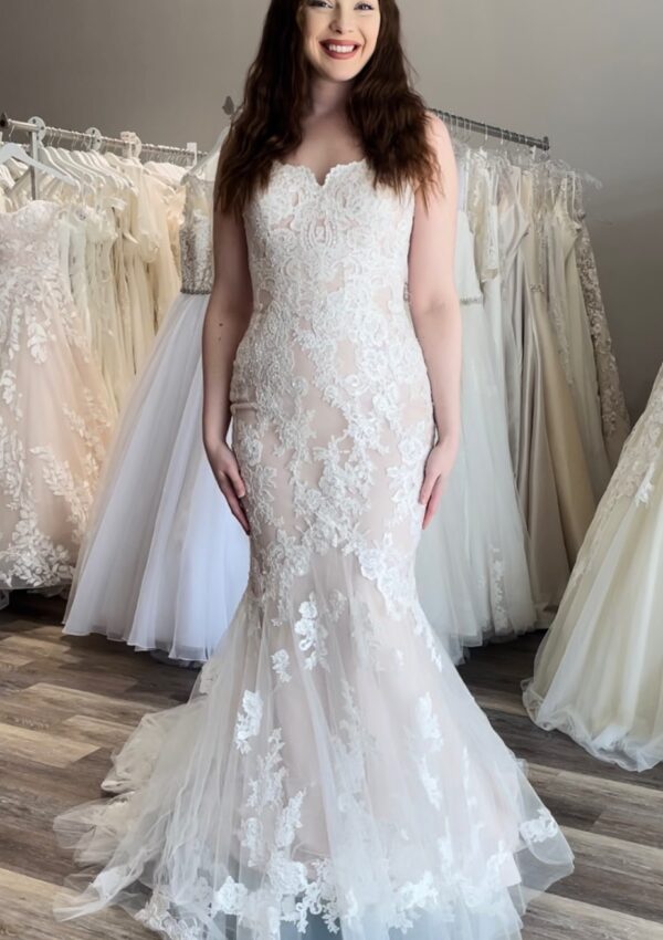 two tone lace mermaid wedding dress in bay area bridal shop