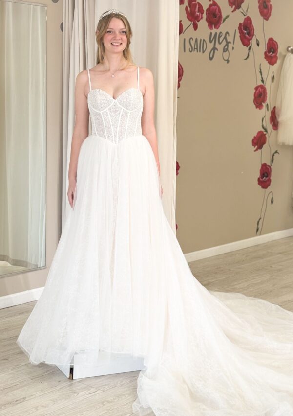 basque waist ballgown wedding dress in whittier california bridal store
