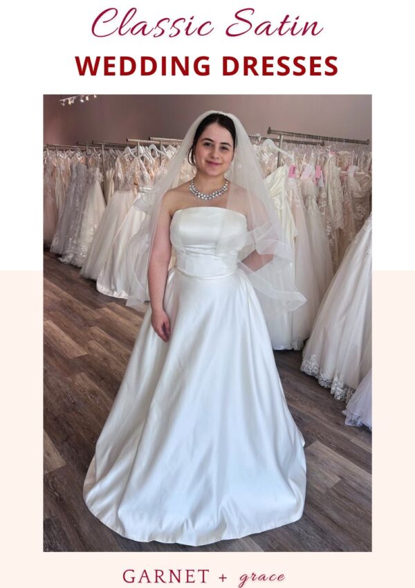 short bride wearing satin aline wedding dress