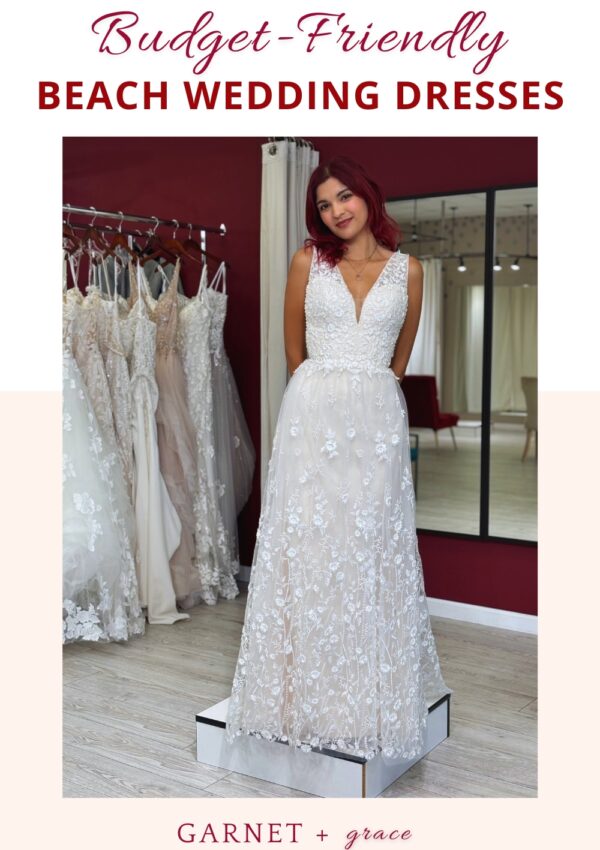 bride wearing off the rack budget friendly vneck beach wedding dress in los angeles area bridal shop