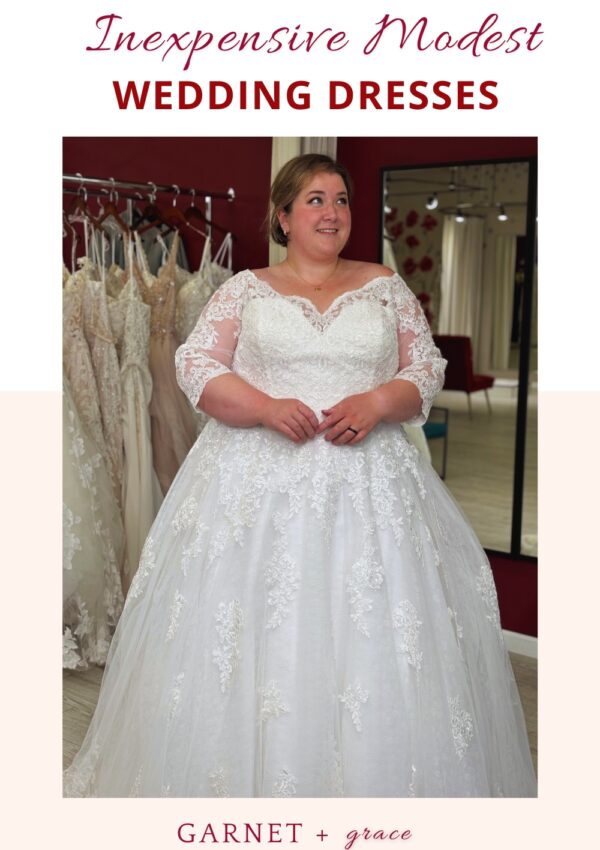 inexpensive long sleeve modest plus size wedding dress in los angeles area bridal shop